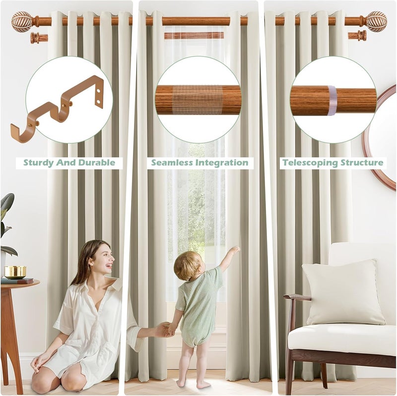 TANGWIN Boho Wooden Curtain Rods for Windows 66 to 120: 1" Heavy Duty Double Curtain Rod with Imitation Wood Grain Finials Farmhouse Decorative Wood Curtain Rod Dual Adjustable for Living Room Bedroom - Image 2